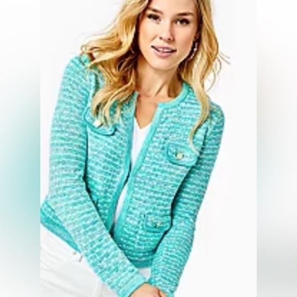 New! Lilly Pulitzer medium Kienna cardigan in blue/green metallic color. - Picture 2 of 14